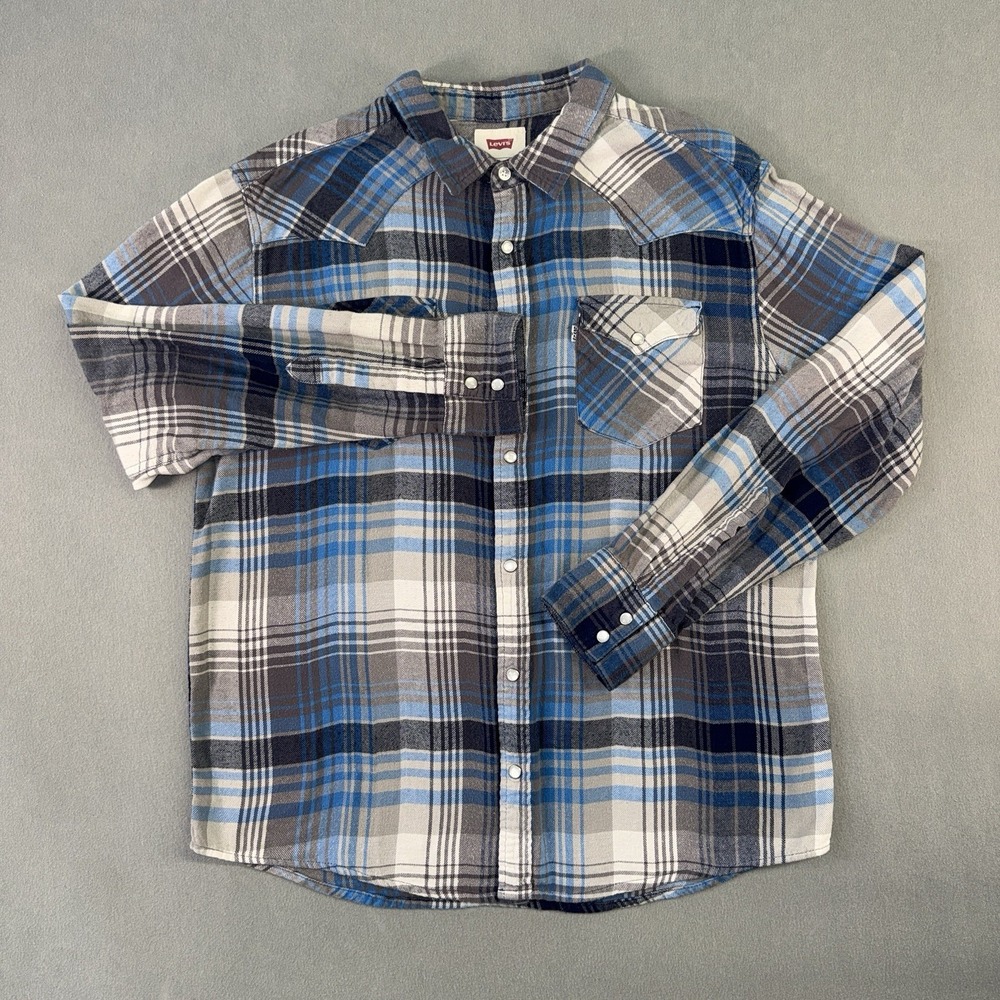 Men's Levi's Pearl Snap‎ Standard Fit Button Up Western Shirt Blue Plaid Size L